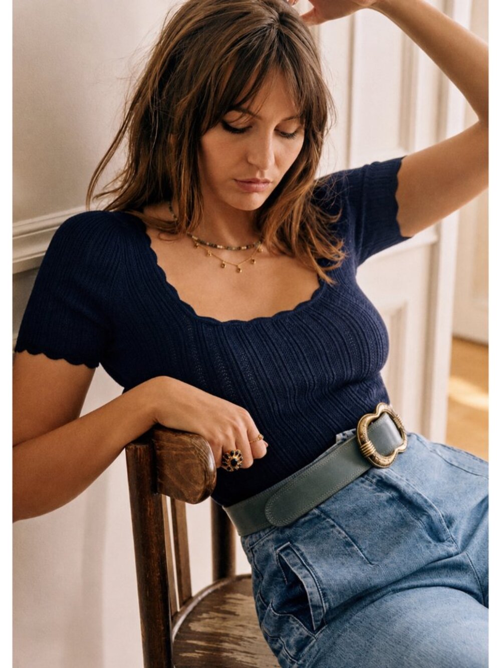 Sezane Anil Jumper Navy Marine XS Ribbed Pointelle Scallop Square Neck Knit Top